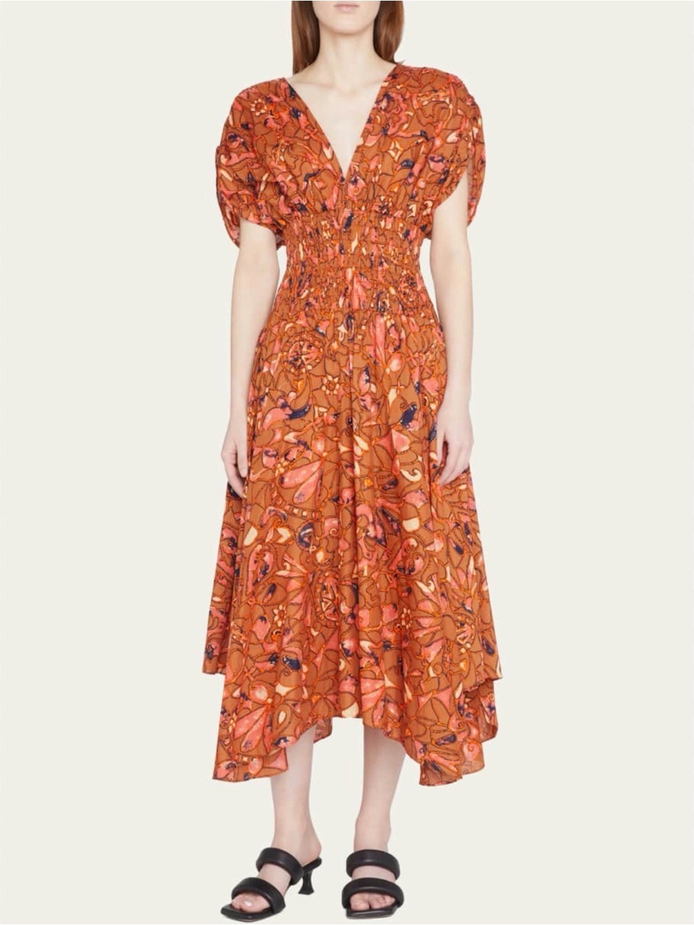 A.L.C. Orange Floral V-Neck Midi Dress